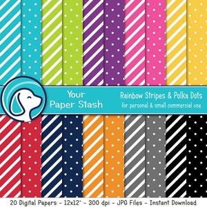 Paquete de papel digital de rayas arco iris + lunar, papeles de scrapbooking de color primario w / líneas diagonales y lunares, uso comercial Descargar