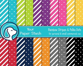 Rainbow Striped & Polka Dot Digital Paper Pack, Primary Color Scrapbooking Papers w/ Diagonal Lines and Polka Dots, Commercial Use Download