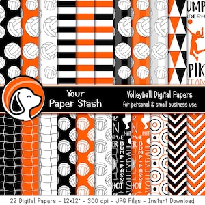 Orange Black Volleyball Digital Scrapbook Papers | Volleyball Net and Ball Background Patterns | Volleyball Team Coach Mom Digital Papers