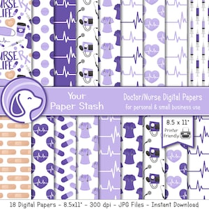 Afdrukbare paarse verpleegster digitale papieren, verpleegster leven hartslag EKG arts scrapbook papier digitale patronen, Instant Download