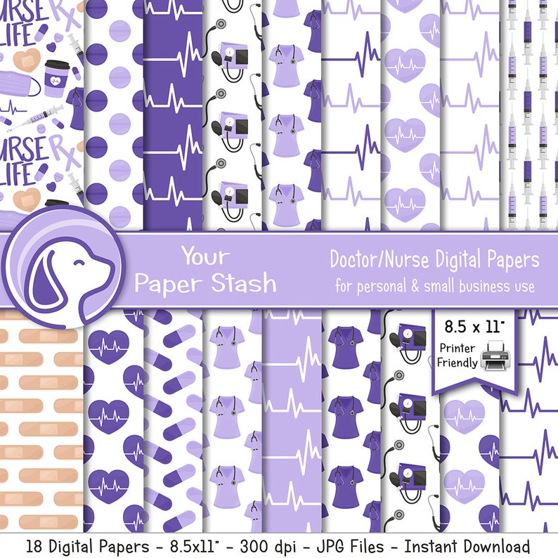 Nures Pattern Paper Printable Purple Nurse Digital Papers, Nurse Life Heartbeat EKG Medical ...