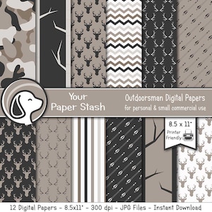 Jagd auf digitale Papiere für Vatertag & Geburtstag Scrapbook Seiten, Camouflage Pfeil Hirsch Outdoorsman Hunter Digital Paper 8.5 x 11"