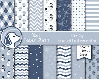 Snowman Digital Scrapbook Paper Backgrounds w/ Snowflakes Stripes Argyle & Mittens, Snow Day Scrapbook Page, 8.5x11" Winter Digital Papers