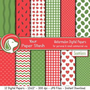 Wassermelone Digital Paper Pack für Frühling & Sommer Scrapbook Seiten, Picknick-Papier und Geburtstag Hintergründe, Wassermelone Planer-Papier
