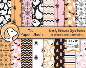 May include: A collection of 16 digital papers featuring Halloween patterns including ghosts, spiders, webs, bats, candy corn, and chevron stripes in black, white, orange, and pink. Text reads Your Paper Stash, Ghostly Halloween Digital Papers, and 8.5 x 11.