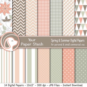 Spring & Summer Digital Papers with Floral Backgrounds Stripes and Chevrons, Wedding Digital Backgrounds, Peach and Sage Green Paper