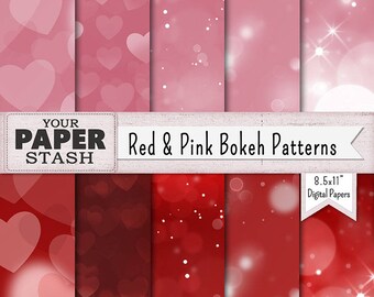 Valentine's Day Digital Paper, 8.5x11 Red & Pink Bokeh Patterns and Backgrounds, Planner Paper, Stationery, Printable, Instant Download