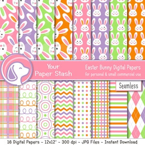 Easter Bunny Digital Paper Pack, Spring Easter Scrapbook Paper Background Patterns, Pink Purple Lime Chevron Stripe Argyle Seamless Patterns