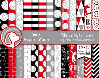 Printable Volleyball Digital Paper Patterns, Red Black Volleyball Net Ball Paper Background Patterns | Volleyball Team Designs