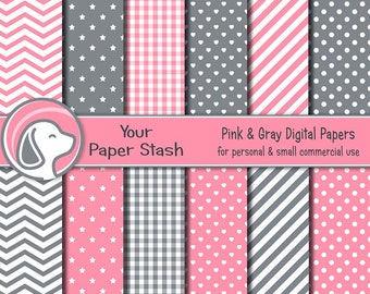 Pink & Gray Digital Paper Pack With Polka Dots Chevrons Stripes Gingham and Heart Backgrounds, Baby Girl Birthday Scrapbook Pages