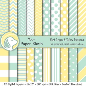 Puede incluir: Veinte papeles digitales en verde menta y amarillo con varios patrones que incluyen rayas, lunares, corazones y chevron. Los papeles miden 30,5 cm por 30,5 cm y 300 dpi. El texto "Your Paper Stash" y "Mint Green & Yellow Patterns" está incluido en la imagen. El texto "for personal & small commercial use" también está incluido en la imagen.