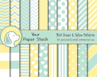Papeles digitales para álbumes de recortes en verde menta y amarillo con rayas, lunares, corazones y estampados de zigzag. Papel digital de primavera para álbumes de recortes de Pascua.