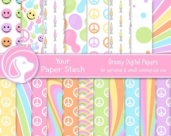 Pastel Groovy Digital Scrapbooking Papers w/ Peace Sign Smiley Face Rainbows Wavy Patterns, Lava Lamp Digital Paper Backgrounds / CM106