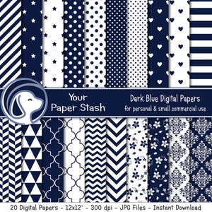 Donkerblauw gestreept digitaal papierpakket, blauwe polkadot punthaken bloemen visgraat hart ster digitale plakboek achtergronden, download