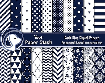 Dark Blue Digital Paper Pack, Navy Scrapbook Backgrounds, Stripe Polka Dot Floral Patterns, Printable Craft Paper