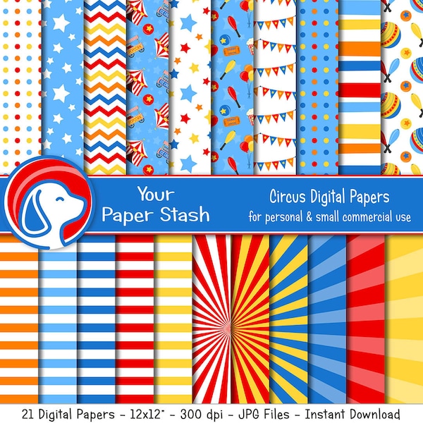 Circus & Carnival Digital Papers for Circus Themed Birthday Parties and Scrapbook Pages, Colorful Big Top Digital Backgrounds, Download