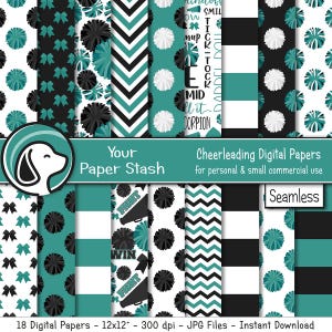 May include: A collection of 18 digital papers with various patterns, including pom-poms, chevrons, and stripes in teal, black, and white. The papers are 12x12 inches and 300 dpi. Text includes "Your Paper Stash" and "Cheerleading Digital Papers".
