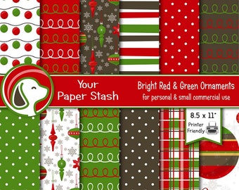 May include: A collection of 12 digital papers featuring bright red and green Christmas ornaments. The patterns include polka dots, stripes, and decorative designs. The papers are 8.5 x 11 inches and are printer-friendly.