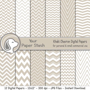 Neutral Khaki Chevron Digital Scrapbook Papers for Father&#39;s Day Retirement Party Scrapbooking Pages, Commercial Use Instant Download
