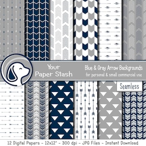 Può includere: Dodici carte digitali con motivi di frecce blu e grigie. I motivi sono senza cuciture e includono frecce, chevron e triangoli. Le carte sono 12x12 pollici e 300 dpi.