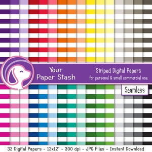 Seamless Stripe Digital Papers, Rainbow Horizontal Striped Scrapbook Paper Background Patterns, Small Commercial Use Digital Papers Download