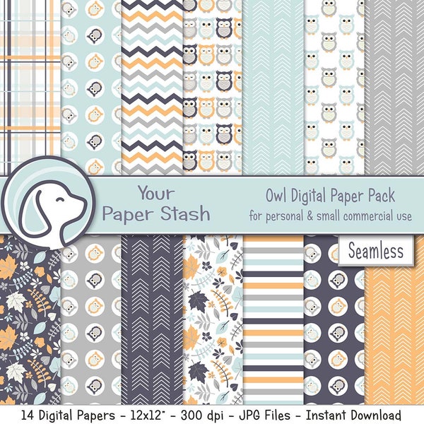 Owl Digital Scrapbook Paper Pack, Nursery Digital Backgrounds, Baby Shower Digital Paper, Birthday Scrapbooking Paper Commercial Use / WD101