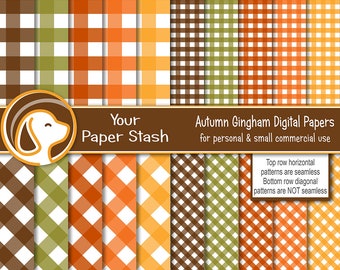 May include: A collection of 20 digital papers with autumn-themed gingham patterns in various colors, including brown, green, orange, and yellow. The papers are 12x12 inches and 300 dpi, suitable for personal and small commercial use. The image includes the text "Your Paper Stash".