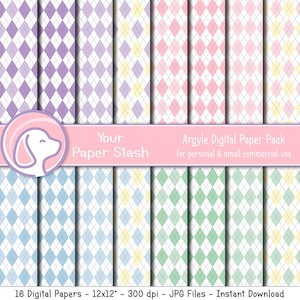Pacchetto di carta digitale pastello Argyle per baby shower e pagine di album di ritagli per bambini, carte digitali verde menta giallo viola rosa, uso commerciale