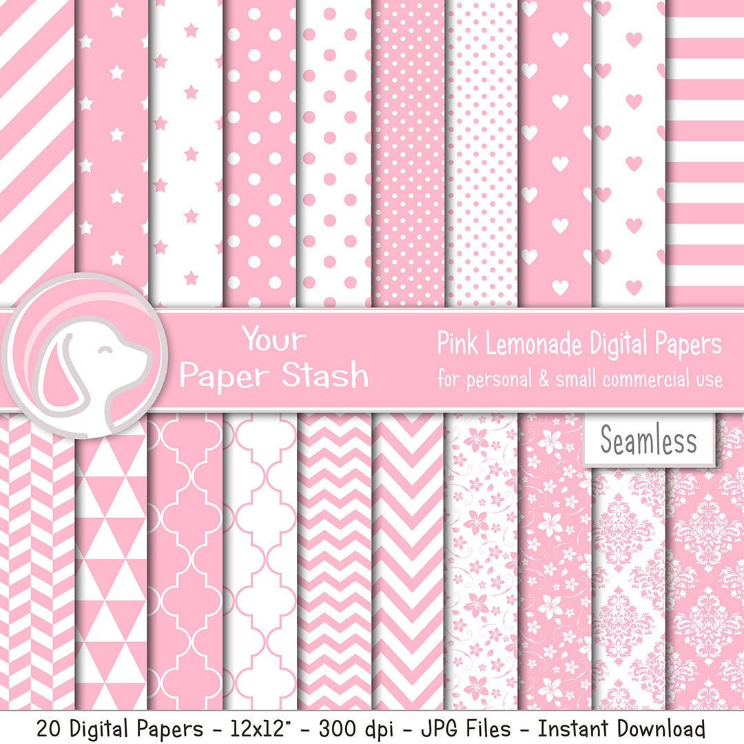 Pink Polka Dot Heart Digital Scrapbooking Paper, Pink Stripes Damask Girl  Birthday Baby Shower Background Patterns Digital Designs, Download 