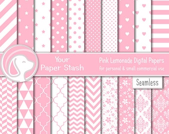Pink Polka Dot Heart Digital Scrapbooking Paper, Pink Stripes Damask Girl Birthday Baby Shower Background Patterns Digital Designs, Download