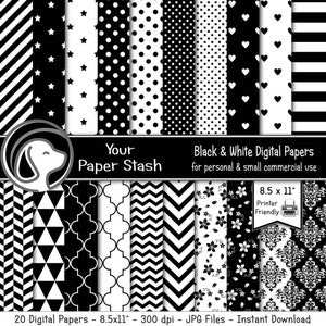 Black & White Printable Digital Papers, Floral Damask Stars Striped Backgrounds for Anniversaries Birthdays Bachelor Parties