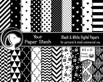 Black & White Digital Paper Set, Floral Damask, Stars, Stripes (8.5x11in JPG)