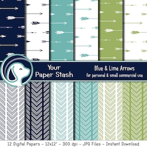Navy Blue and Lime Green Arrow Digital Scrapbook Papers and Backgrounds, Tribal Arrow Digital Backgrounds, Southwest Digital Papers / SG101