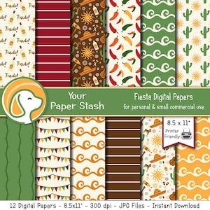 Paquete de papel digital con temática de fiesta para el Cindo de Mayo, papel para álbum de recortes de vacaciones en México, papeles divertidos para fiestas con sombreros de tequila y pimientos picantes
