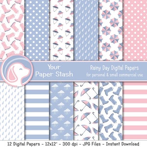 Pacote de papel digital Rainy Day April Showers com nuvens, guarda-chuvas, gotas de chuva e botas, papéis de scrapbook digitais rosa e azul para download para uso comercial