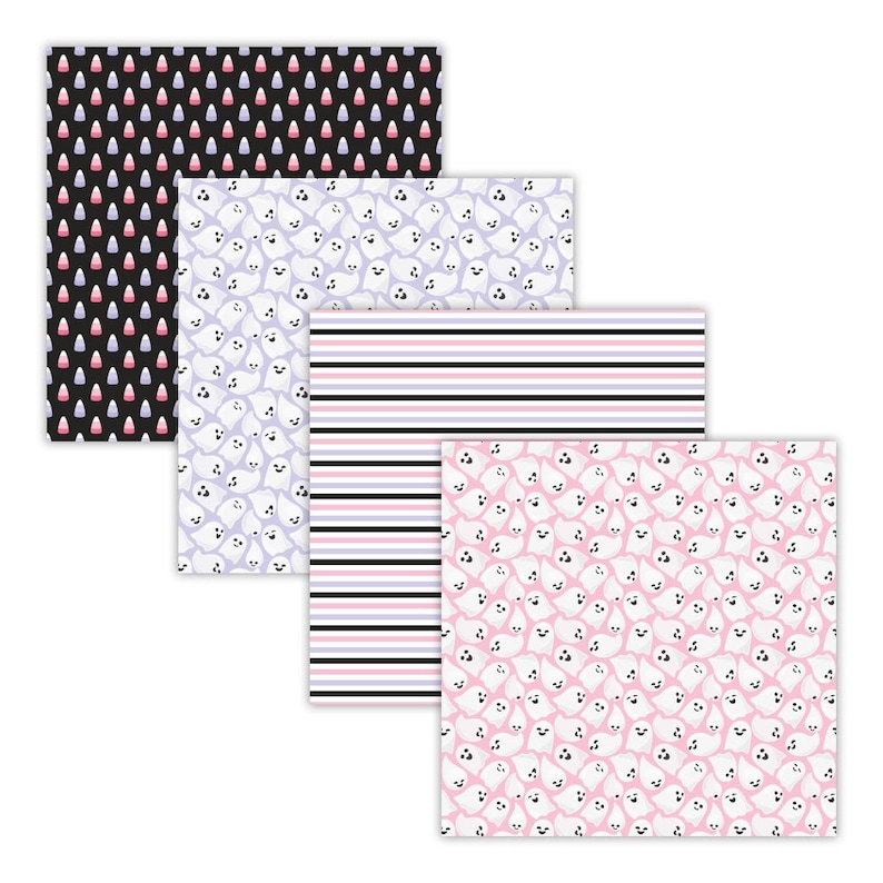Pastel pink Halloween digital papers featuring friendly ghosts, bats, candy corn, spiders, spider webs, stripes, and chevrons in pink, lavender, black, and white.