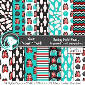 Può includere: Un set di 14 carte digitali con motivi a tema bowling. I motivi includono birilli, palle da bowling, scarpe da bowling e strisce in rosso, nero, bianco e turchese.