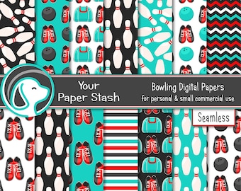 Seamless Bowling Digital Papers, Bowling Ball and Pins Digital Scrapbook Paper Patterns, Instant Download