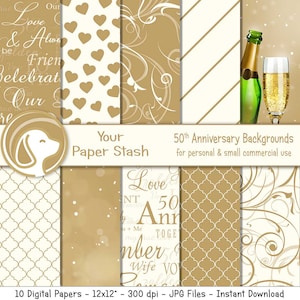 50. Goldenes Jubiläum Digital Paper Pack für Scrapbook Seiten Digitale Karten & Einladungen, Hochzeit Digital Papier mit Bokeh Hintergründen