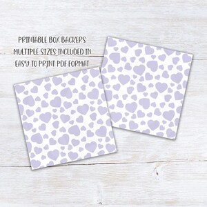 Valentine&#39;s Day Cookie Box Backers with Lavender Hearts, Printable Valentine Cookie Cards and Tags Multiple Sizes