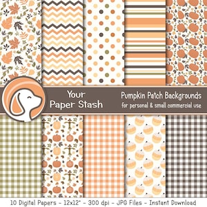 Fall pumpkin patch digital papers with pumpkins, gingham, stripes, chevron, and autumn leaves in orange, brown, and green.