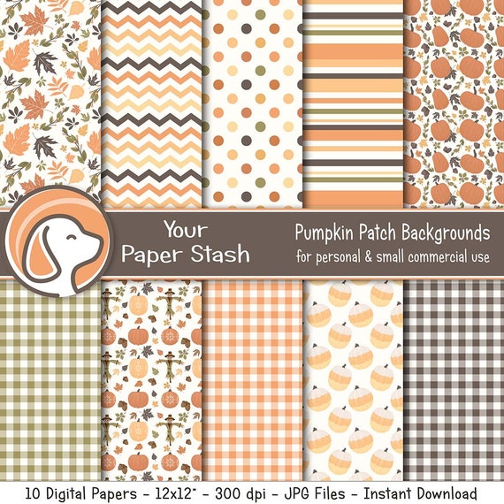 Autumn Digital Scrapbook Papers For Thanksgiving & Halloween With Scarecrows Pumpkins Leaves and Gingham Patterns