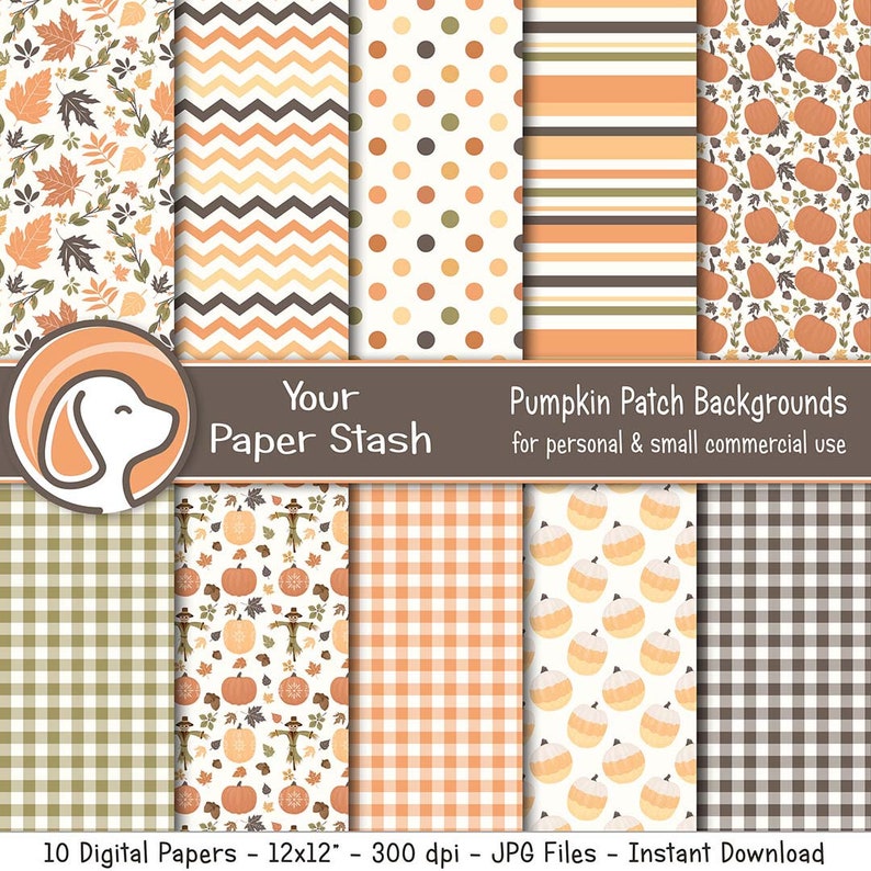 Fall pumpkin patch digital papers with pumpkins, gingham, stripes, chevron, and autumn leaves in orange, brown, and green.