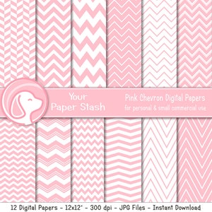 May include: Twelve digital papers featuring pink and white chevron patterns. The papers are 12 inches by 12 inches and 300 dpi. The text "Your Paper Stash" and "Pink Chevron Digital Papers for personal & small commercial use" is included in the image.