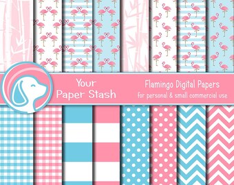 Pink Flamingo Digital Paper for Vacation Scrapbook Pages, Wide Stripe and Polka Dot Paper, Tropical Flamingo Digital Backgrounds
