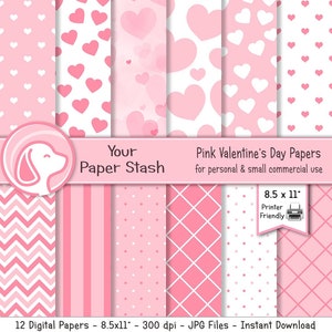 Valentijnsdag digitaal papierpakket met romantische harten stippen en strepen, roze bruiloft digitale papieren achtergrond, 8,5x11 "afdrukbaar papier