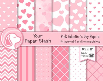 Valentine's Day Digital Paper Pack with Romantic Hearts Polka Dots & Stripes, Pink Wedding Digital Paper Background, 8.5x11" Printable Paper
