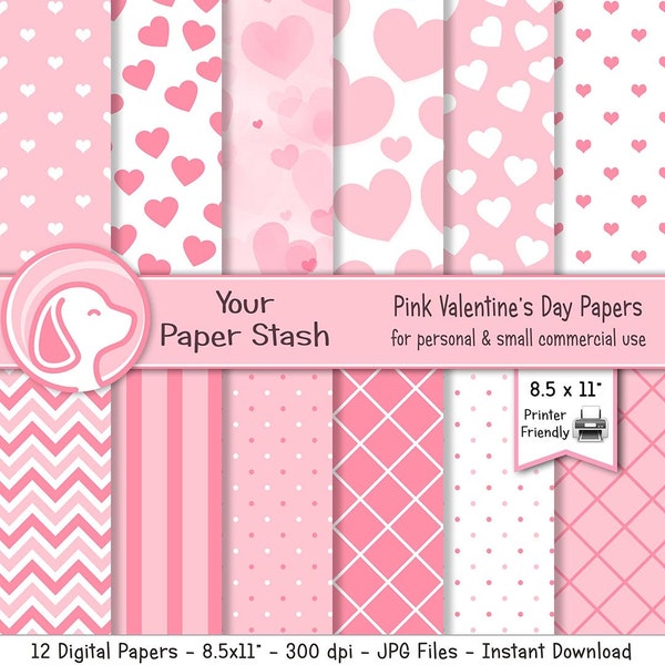 Valentine's Day Digital Paper Pack with Romantic Hearts Polka Dots & Stripes, Pink Wedding Digital Paper Background, 8.5x11" Printable Paper