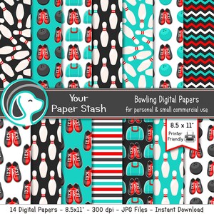May include: A set of 14 digital papers featuring bowling-themed patterns in turquoise, red, black, and white. The patterns include bowling pins, bowling balls, bowling shoes, and stripes. The text "Your Paper Stash" and "Bowling Digital Papers" is included in the image. The text "8.5 x 11" and "Printer Friendly" is also included in the image.
