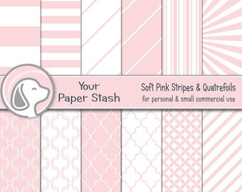 Pink Scrapbook Paper Pack 12x12, Blush Stripe Quatrefoil Baby Girl Backgrounds, Baby Shower Spring Easter Digital Paper Instant Download